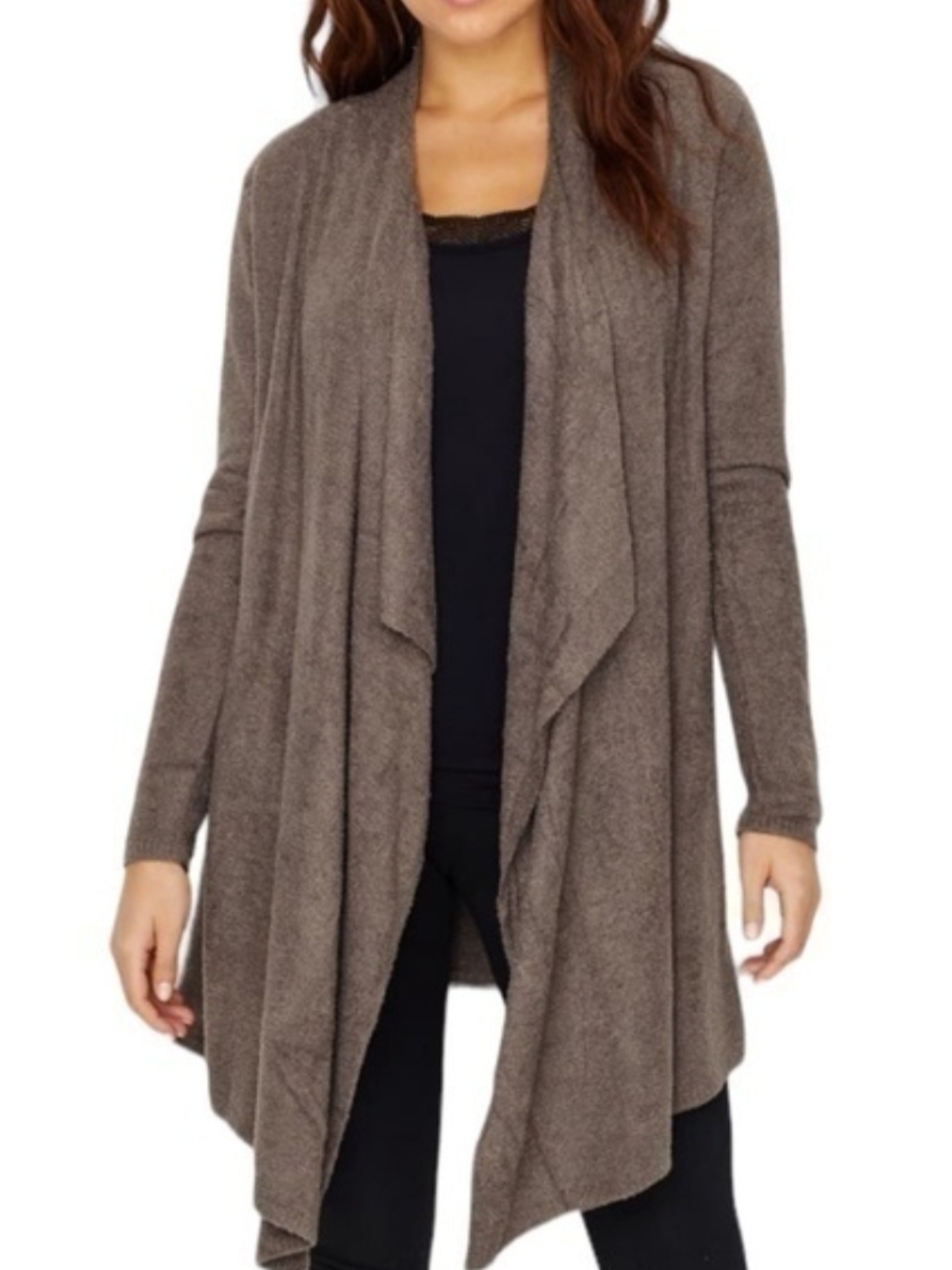 Barefoot Dreams Draped Open-Front Cardigan in Taupe Brown